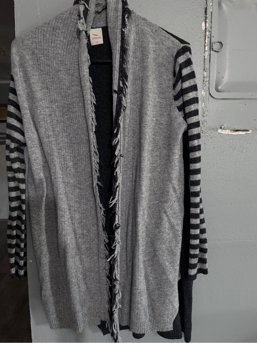 Hummingbird Gray Open-Front Fringe Cardigan with Striped Sleeves